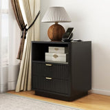 Fluted Nightstands Set of 2, Black Night Stands with 2 Drawers and Open Shelves, Wooden Nightstand Modern Design Night Stand for Bedroom Sofa Office (2, Black) ROCSUMOO