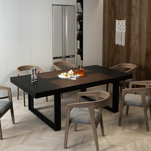 Hitow Dining Table for 8-10 People, 86.6-Inch Rectangular Wood Kitchen Table with Thicken Tabletop, Office Conference Room Table, Dining Room Living Room Table, Brown & Black Hitow