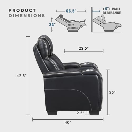 Lexicon Power Double Reclining Sofa, Center Drop-Down Table with Heat/Massage/Headrest/Storage Arms/Cup Holders/LED Lights/Wireless Charging, Top Grain Leather Match Wall Hugger Recliner Sofa, Black