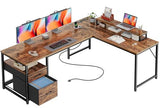 PRAISUN 63 Inch L Shaped Desk with Power Outlets and USB-C Port, Computer Corner Home Office Desk with File Fabric Drawers and Movable Monitor Stand, Larger Storage, Gaming, Writing, Rustic Brown PRAISUN