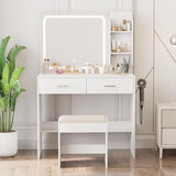 Hogxp Makeup Vanity with Lighted Mirror & Electrical Outlet - 2 Shelves, 2 Drawers, Bottom Storage - Comes with Upholstered Stool （White） Hogxp