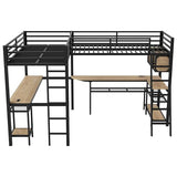 LUMISOL Twin Size Double Loft Bed with LED and Storage Shelves, Metal L-Shaped Loft Bed with 2 Built-in Desks and 2 Charging Stations, Black LUMISOL