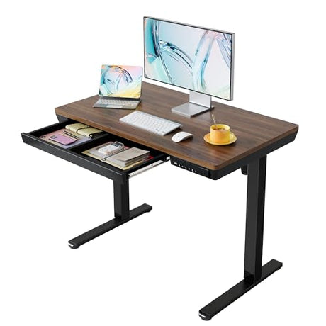 HUANUO Electric Standing Desk with Drawers, 40 x 24 Inch Electric Adjustable Height Desk, Quick Install One-Piece Tabletop with USB Charging Ports, Sit to Stand Up Desk for Home Office, Black Walnut HUANUO