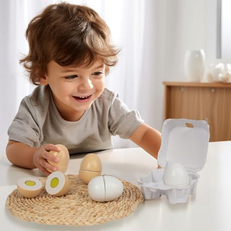 Wooden Eggs, 4PCS Easter Egg Cutting Toys Wooden Play Food Pretend Play Food Sets for Kids Early Development, Christmas Birthday Gifts WOODENFUN