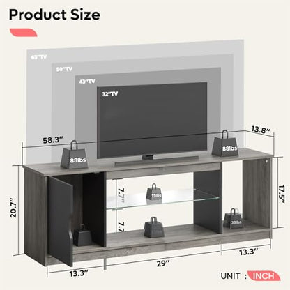 Bestier LED TV Stand for 55/60/65 Inch TV, Gaming Entertainment Center with Cabinet for PS5, Modern TV Cabinet with Adjustable Glass Shelves for Living Room, Bedroom 58 Inch, Grey Wash