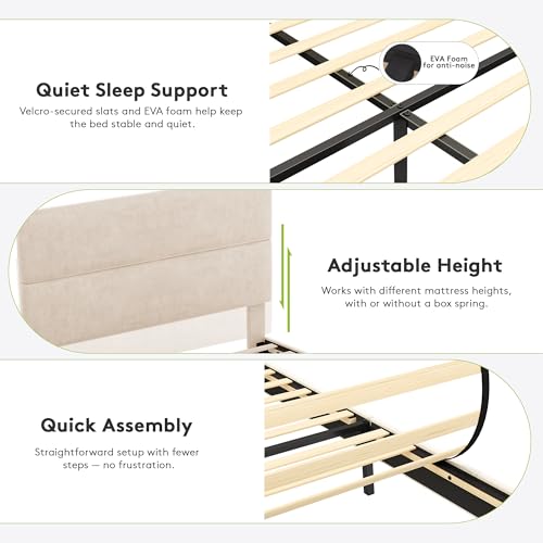 GRUSIGN King Size Platform Bed Frame with Velvet Headboard, Adjustable Height Wooden Slats Support, Upholstered Mattress Foundation, Fits Mattress or Mattress with Box Spring, Easy Assembly, Beige GRUSIGN