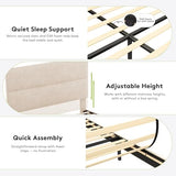 GRUSIGN King Size Platform Bed Frame with Velvet Headboard, Adjustable Height Wooden Slats Support, Upholstered Mattress Foundation, Fits Mattress or Mattress with Box Spring, Easy Assembly, Beige GRUSIGN