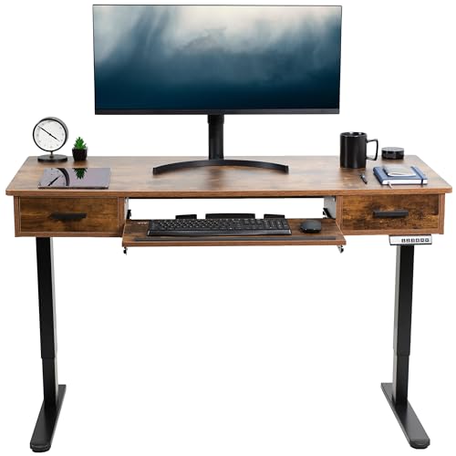 VIVO Electric Height Adjustable 55 x 24 inch Memory Stand Up Desk with Rear-Set Legs, Rustic Vintage Brown Table Top with Built-in Drawers and Keyboard Tray, Black Frame, DESK-KIT-RB5MN VIVO