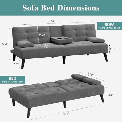 Meilocar 64" Futon Sofa Bed, Convertible Loveseat with 2 Cup Holders, Small Couch with 3 Adjustable Angles & Armrests, Sleeper Sofa for Apartment, Office, Dark Grey Meilocar