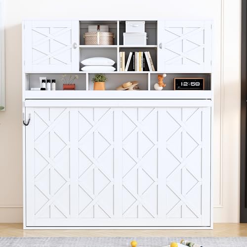 Queen Horizontal Murphy Bed with Storage Shelves,Wood Folding Hideaway Murphy Wall Bed with Storage Bookcase for Adults (A White) MERITLINE