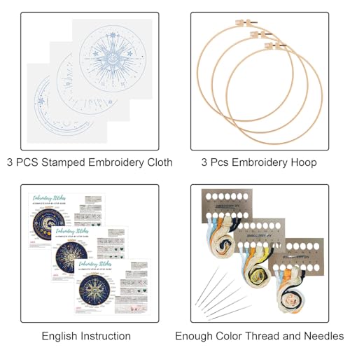 Louise Maelys 3 Set Tarot Embroidery Kits for Beginners,Cross Stitch Kit for Adults,Starters DIY Needlepoint Including Embroidery Cloth with Sun Moon Star Evil Eye Pattern and Instructions