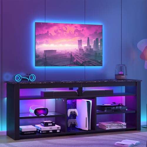 Bestier TV Stand for 65/70 inch TV, Tall Entertainment Center with 2 Led Lights, Gaming TV Console with Storage for PS5, Modern TV Cabinet for Bedroom, Living Room, Black Marble