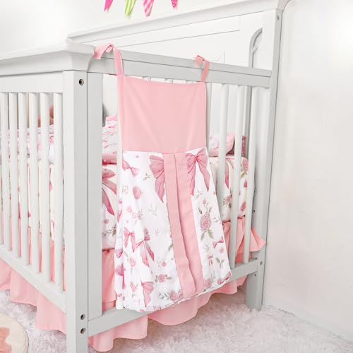 Jundetye Floral Crib Bedding Set for Girls, 4 Pieces Pink Baby Nursery Bedding Set for Standard Size Crib, Including Soft Comforter, Crib Sheet, Ruffled Crib Skirt, Diaper Stacker Jundetye