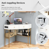 Tangkula Corner Desk with 2 Drawers & Built-in Charging Station, 90 Degrees Triangle Corner Computer Desk for Small Space, Bedroom Makeup Vanity Desk with Storage Shelves, Corner Desk (Gold & White) Tangkula