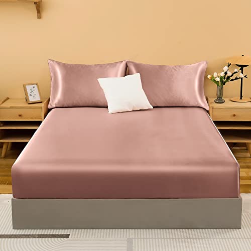 NSGZ Satin Fitted Sheet Full, Single Silky Fitted Sheet Only Soft Deep Pocket Bottom Bed Sheets, Wrinkle Free & Fade Resistant & Breathable Bottom Sheets- Champagne NSGZ