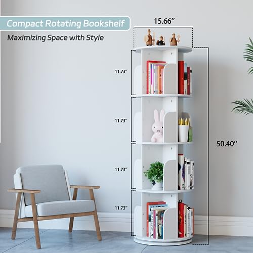 4-Tier Rotating Bookshelf Organizer by EasyCom - Space-Saving Floor Standing Bookcase in White - WoodArtSupply