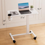 GTPLAYER Small Standing Desk with Lockable Wheels, Pneumatic Mobile Rolling Laptop Desk,Adjustable Height Overbed Bedside Table Computer Workstation for Home Office (28" W x 16" D, White) GTPLAYER