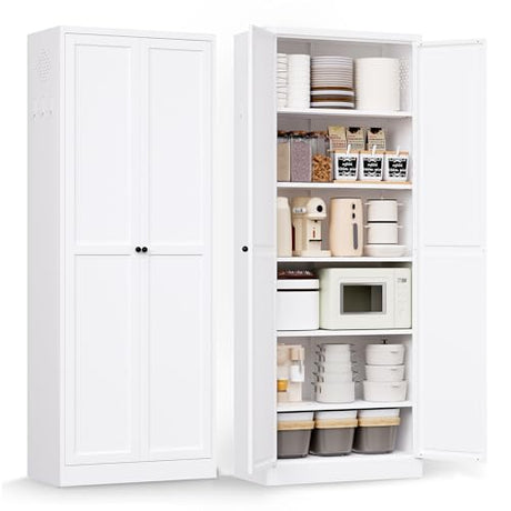 Reegangfa 72" Metal Storage Cabinet, Large Capacity Pantry Cabinet with 6-Tier, Kitchen Storage Cabinet with 2 Doors and 5 Adjustable Shelves for Home, Kitchen, Dining, Living Room (White) Reegangfa