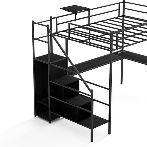 PVWIIK Staircase Full Size Loft Bed with L-Shaped Desk with Wardrobe,Charging Cradle,Loft Bed Frame with LED Lights for Kids Youths Adults Dorm Bedroom, No Box Spring Needed,Black PVWIIK