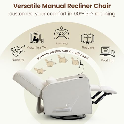 360° Swivel Rocker Recliner Chair with Adjustable Footrest, Rocking Chair Nursery with Phone Stand & Cup Holder,Manual Nursing Chair Glider Recliner Armchair for Adults, Living Room (Beige)