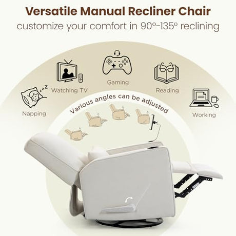 360° Swivel Rocker Recliner Chair with Adjustable Footrest, Rocking Chair Nursery with Phone Stand & Cup Holder,Manual Nursing Chair Glider Recliner Armchair for Adults, Living Room (Beige) FiveWillowise