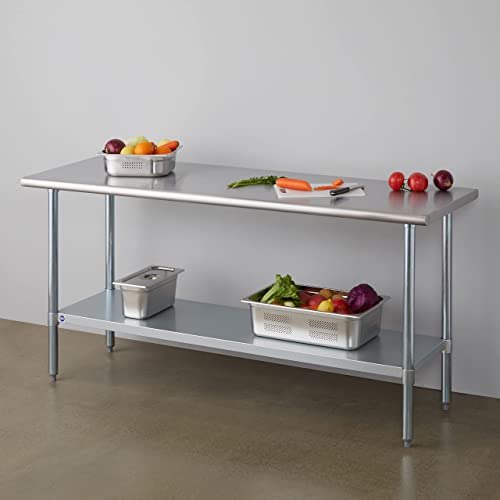 ROCKPOINT Stainless Steel Table for Prep & Work 72x24 Inches, NSF Metal Commercial Kitchen Heavy Duty Table with Adjustable Under Shelf and Table Foot for Restaurant, Home and Hotel ROCKPOINT