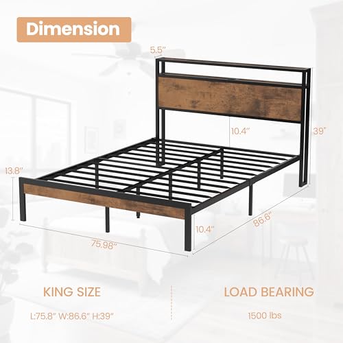 Flolinda King Size Bed Frame with Headboard, King Metal Bed Frame Storage with LED Lights & Charging Station,w/Solid 11 Bed Legs, No Box Spring Needed, Noise Free, Easy Assembly Flolinda