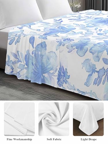 King Size Flat Bed Sheet,Blue Botanical Microfiber Brushed Single Flat Sheet Only,Retro Ink Floral Flower Modern Minimalist Soft & Breathable Top Sheet Lightweight Quilt Hotel Luxury Bedding ZOE GARDEN