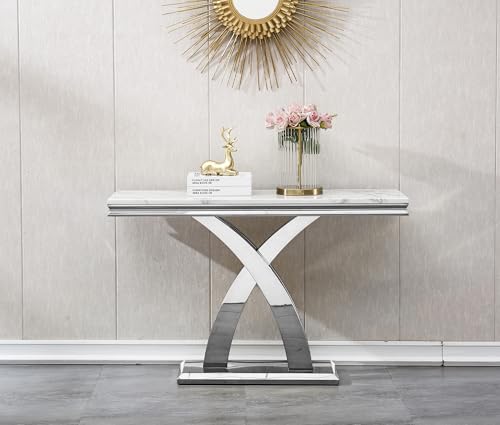 Modern Rectangular Console Table - Faux Marble Top, Stainless Steel Base for Living Room, Hallway, Bedroom, Home Office HomVent
