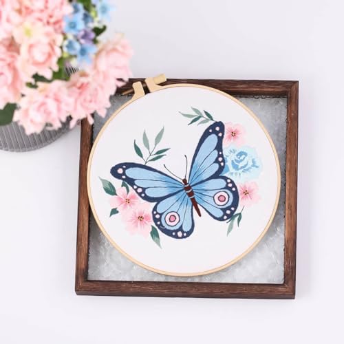 YEESAM ART Embroidery Kit with Blue Butterfly and Beautiful Flowers Patterns, Full Set DIY Embroidery Cross Stitch Kits for Adults Beginners Needlework Sewing (Butterfly)