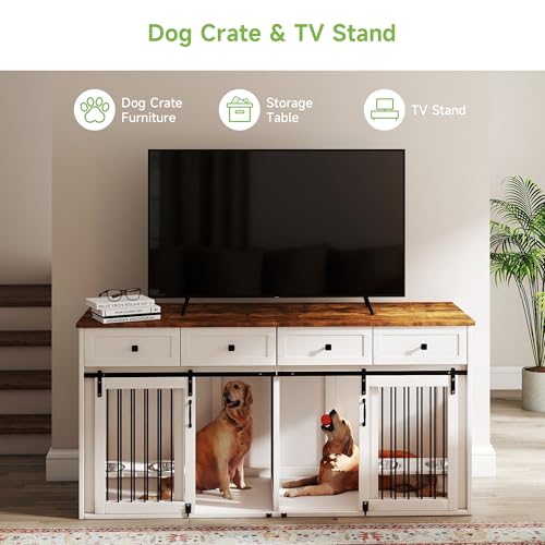 Real Relax Large Dog Crate Furniture, 71” Multi-Purpose Dog House w/Double Rooms, Divider and Sliding Barn Door, Steel Frame Indoor Double Dog Crate for Medium Small Dogs, White Real Relax