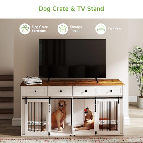 Real Relax Large Dog Crate Furniture, 71” Multi-Purpose Dog House w/Double Rooms, Divider and Sliding Barn Door, Steel Frame Indoor Double Dog Crate for Medium Small Dogs, White Real Relax