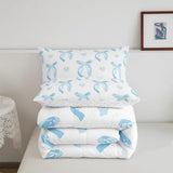 jejeloiu Cute Blue Bow Bedding Set Twin Size Ribbon Bow Comforter Set for Kids Women Cartoon Love Heart Duvet Set Blue White Quilt Set 2Pcs jejeloiu