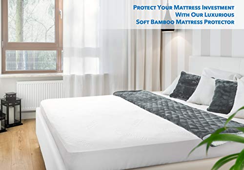 PlushDeluxe Premium Bamboo Mattress Protector – Full Size, Waterproof, & Ultra Soft Breathable Noiseless Washable Bed Mattress Cover for Comfort & Protection - White PlushDeluxe