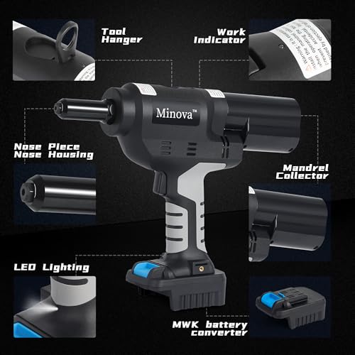 Minova 18V Brushless Rivet Gun, Battery Cordless Rivet Tool Compatible with Stainless Steel Rivets, Bare Machine Automatic Rivet Recoil with MWK Battery Converter, Portable Carrying Case Minova
