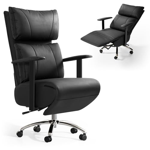 OKUP Reclining Office Chair with Adjustable Headrest and Footrest, 170° Ergonomic Comfortable Office Chair Zero Gravity, Leather Executive Home Office Desk Chair (Black) OKUP
