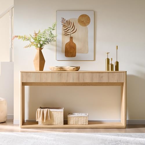 OKD 63" Fluted Console Table for Entryway, Modern Entryway Table with 2 Large Drawers, Long Sofa Table Behind Couch for Living Room, Hallway, Couch, Foyer，Natural Oak OKD
