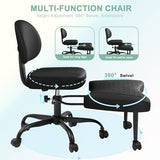 GUNJI Ergonomic Criss Cross Legged Office Chair, 360° Swivel Meditation Kneeling Chair with Wheels, ADHD Chair with Footrest, Lumbar Support, Wider Height Adjustable Seat (Faux Leather, Black) GUNJI