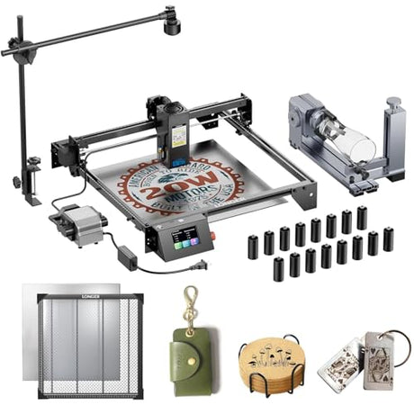 LONGER RAY5 20000mW Laser Engraver with Air Assist Kit, Rotary Roller, 16 Pcs Raiser, Camera Kits and Honeycomb Panel 440 * 440mm, DIY, Cutting Tool for Metal Coloring、Acrylic、Wood. Class 4 Longer