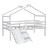 PVWIIK Twin Size Low Loft Bed with Slide for Kids,Girls,Boys Bedroom,Wood House Roof Frame with Inclined Ladder,Easy to Assemble,Under Bed Storage,White PVWIIK