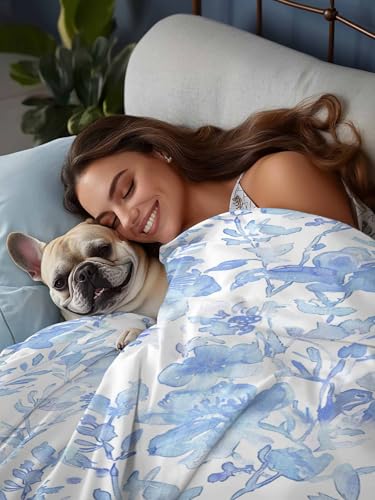 King Size Flat Bed Sheet,Blue Botanical Microfiber Brushed Single Flat Sheet Only,Retro Ink Floral Flower Modern Minimalist Soft & Breathable Top Sheet Lightweight Quilt Hotel Luxury Bedding ZOE GARDEN