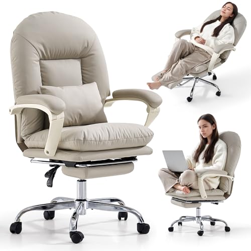 EMIAH Ergonomic Office Chair with Foot Rest Criss Cross Chair with Wheels Reclining Executive Office Chair Mid Back PU Leather Swivel Computer Chairs Lumbar Support for Home Office (Beige) EMIAH