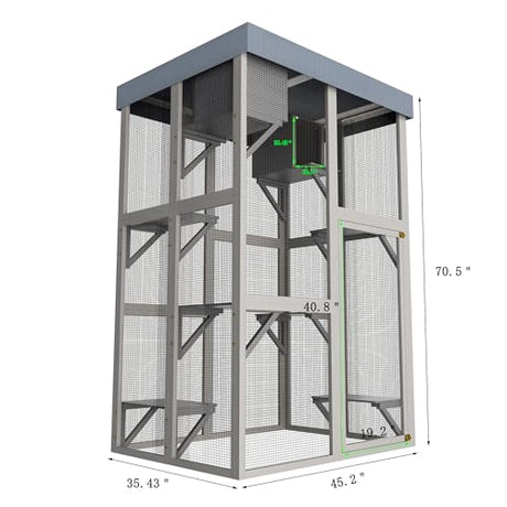 Outdoor Wooden Catio Cat House,Large Cat Enclosure with 6 Platforms,2 Napping Houses & Removable Waterproof Roof,Solid Wood Playpen Cage for Multiple Cats,Secure & Walk-in Design,70.5" H Gray GDFStudio