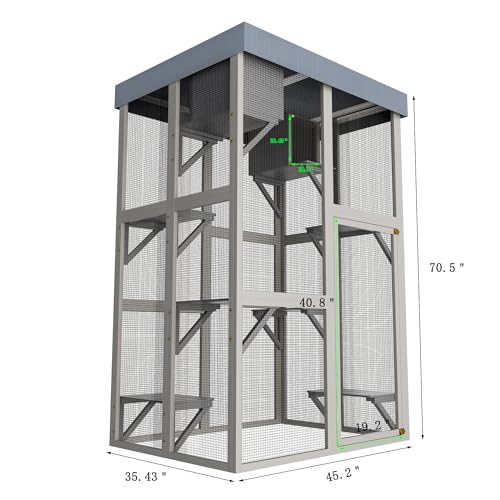 YOPTO 70.5" H Catio Outdoor Cat Enclosure,Cat House with Waterproof Roof and Large Enter Door,Wooden Shelter W/ 6 Jumping Platforms & 2 Napping Houses,Cats Cage for Walk in Kitten Kennel,Gray YOPTO