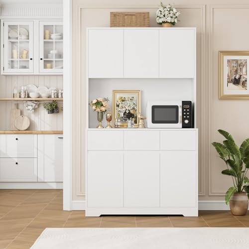 finetones 71'' Tall Kitchen Pantry Storage Cabinet with Power Outlets and Led Lights, Large Kitchen Hutch Buffet Cabinet with Microwave Stand, Pantry Cabinet Kitchen Cabinet with Buffet Cupboard finetones