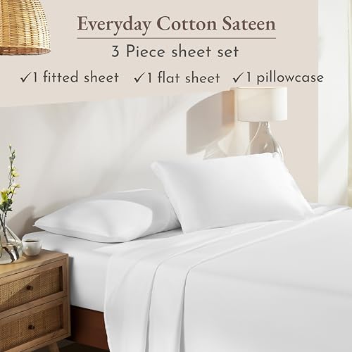 California Design Den Twin Sheets Set - Natural 100% Cotton Sheets with 12" Pockets, Soft Sateen Weave, Breathable and Durable Bedding Set for Dorm Rooms, College (White) California Design Den