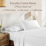 California Design Den Twin Sheets Set - Natural 100% Cotton Sheets with 12" Pockets, Soft Sateen Weave, Breathable and Durable Bedding Set for Dorm Rooms, College (White) California Design Den