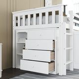 KEIKI Twin Size Low loft Bed with Pull-Out Desk, Rubber Wood Loft Bed with Storage Cabinets & Drawers & Shelves, Low Twin Bed for Kids, White KEIKI