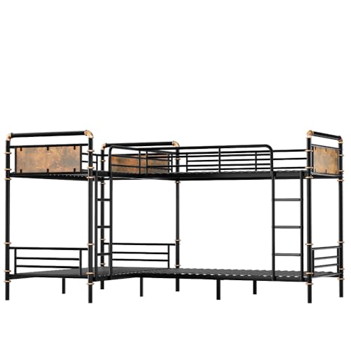 RadiantName Quad Bunk Bed for 4 Kids, Heavy Duty Metal Twin Bunk Bed Frame, Detachable Triple Bunk Bed, Can Be Divided Into 3 Twin Beds, Black(Expect Arrive Date 2024/12/28) RadiantName