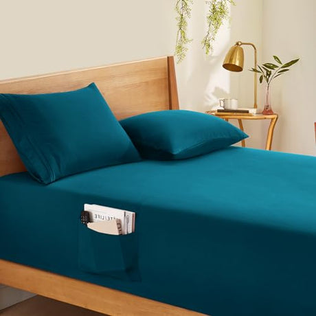 Horbaunal Extra Deep Pocket Queen Fitted Sheet Only - Fits Up to 24 Inch Mattress - Luxury 1800 Thread Count - Microfiber Teal Fitted Bed Sheet Queen Size Horbaunal